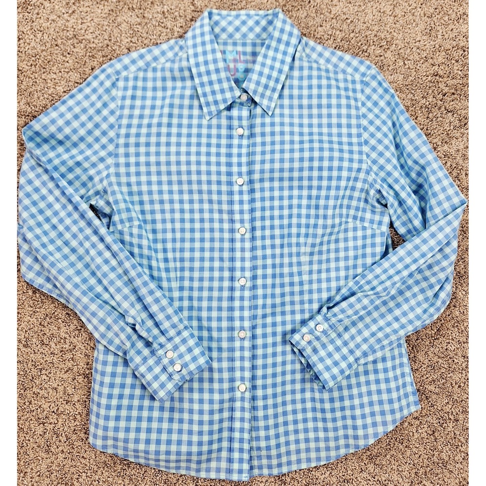 J McLaughlin Women's Blue Check Plaid Long Sleeve Button Up Shirt Preppy Size 10